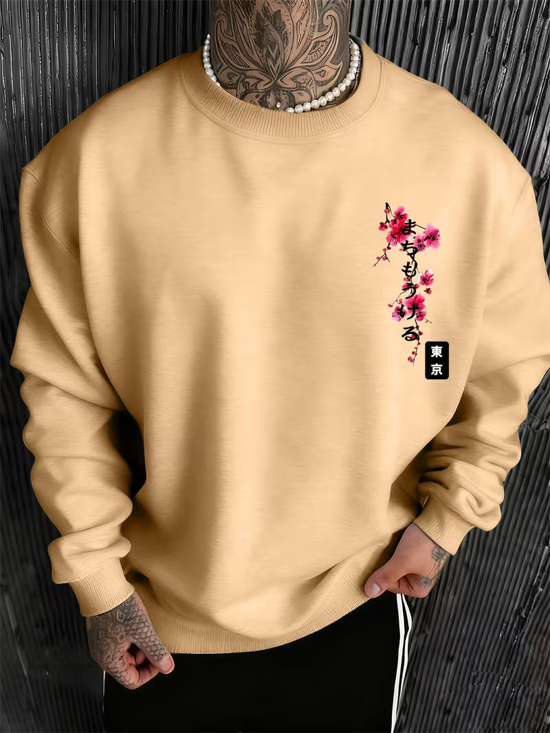 Pull homme imprimé de lettres Fleur de cerisier de Tokyo romantique japonaise et lune brillante
