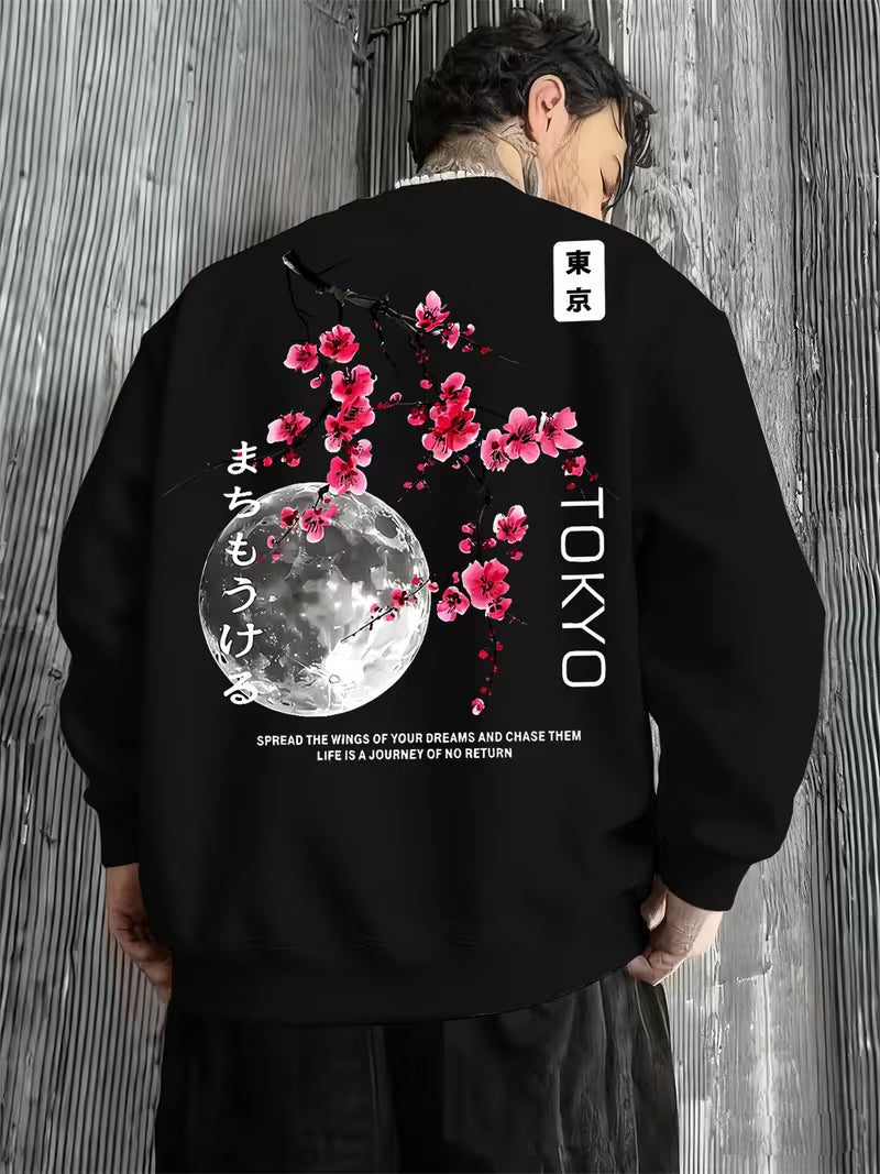 Pull homme imprimé de lettres Fleur de cerisier de Tokyo romantique japonaise et lune brillante